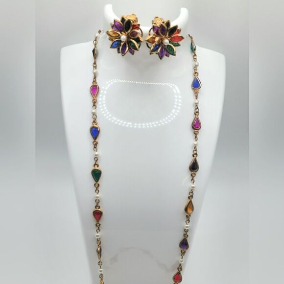 Vintage Gold Bezel set Gold crystal Demi Parure earrings necklace Set - Picture 4 of 15